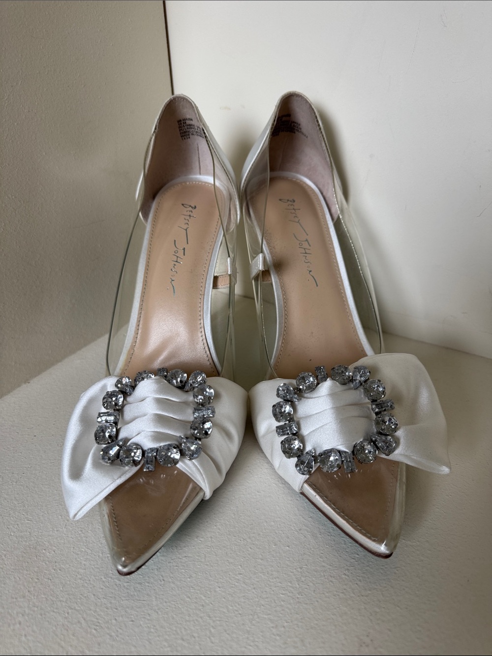 Betsey Johnson White Satin Pointed Toe Heels with Crystal Buckle